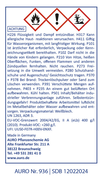 Etikett mit deutschen Gefahrenhinweisen und Sicherheitsanweisungen für ein chemisches Produkt, einschließlich Gefahrensymbolen und Kontaktinformationen der AURO Pflanzenchemie AG mit der Produktnummer 936 und SDB 14012022.