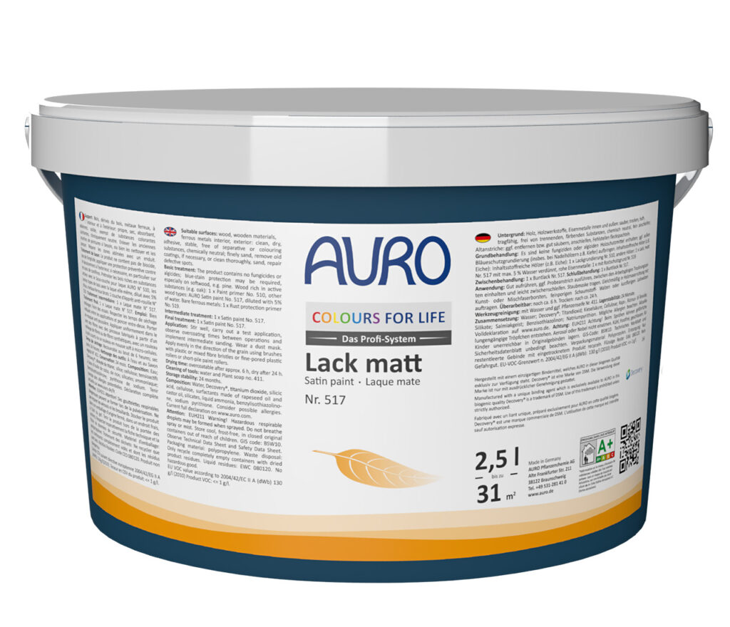 AURO COLOURS FOR LIFE Lack matt Nr. 517, 2,5 Liter Gebinde AURO COLOURS FOR LIFE Lack, matt Nr. 517 im 2,5 Liter Gebinde – ideal für große Holzflächen innen und außen
