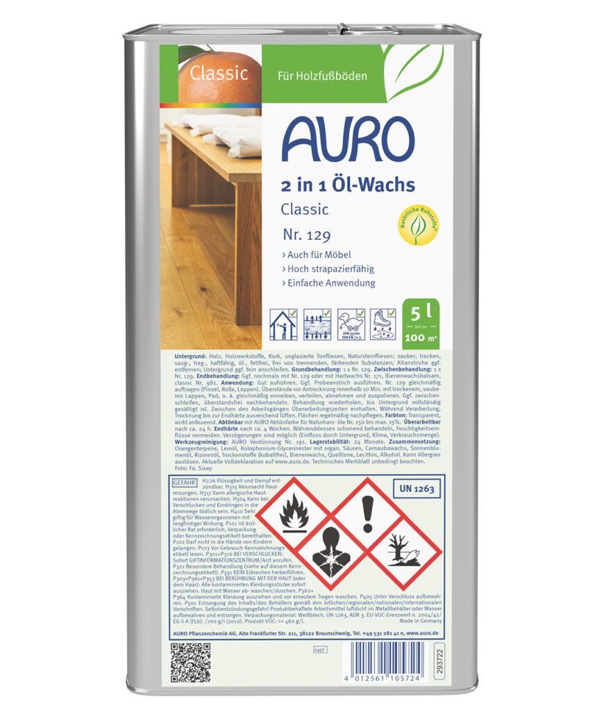 AURO 2 in 1 Öl-Wachs Classic Nr. 129 – 2,5 Liter Kanister für Profis AURO 2 in 1 Öl-Wachs Classic Nr. 129 im 2,5 Liter Kanister für großflächige Holzbehandlung
