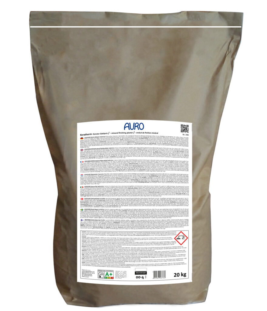 AURO Keratherm, medium Nr. 348 Edelputz 20 kg Sack – mineralischer Kalkputz für dekorative Wandtechniken AURO Keratherm, medium Nr. 348 – naturweißer Edelputz im 20 kg Sack zur Gestaltung feiner, temperaturregulierender Wandflächen