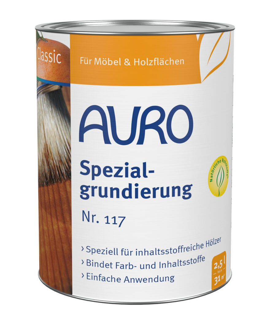 AURO Spezialgrundierung Nr. 117 – 2,5 Liter Dose für Aqua-Anstriche AURO Spezialgrundierung Nr. 117 – 2,5 Liter Dose für gerbstoffreiche Holzarten