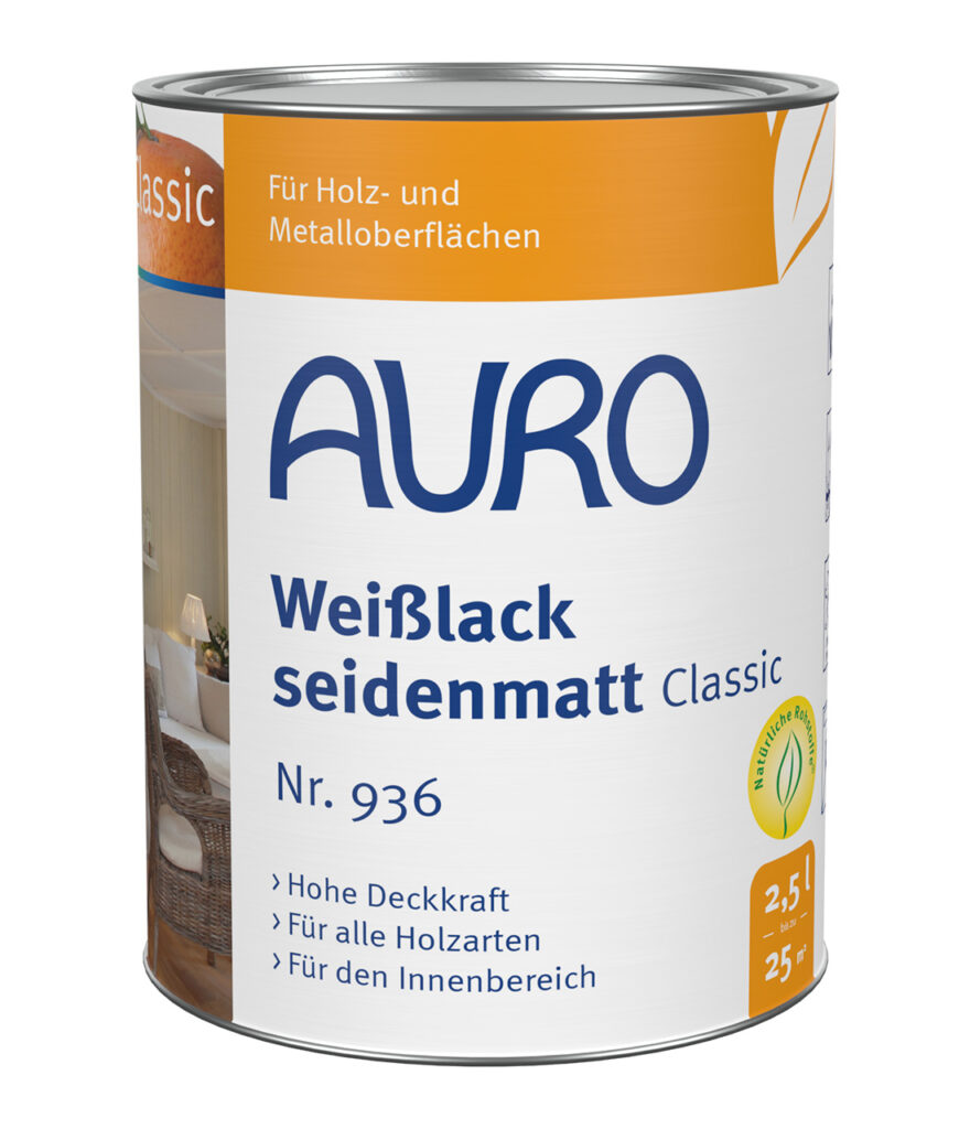 AURO Weißlack, Classic Nr. 936, seidenmatt, Dose 2,5 Liter AURO Weißlack, Classic Nr. 936 in seidenmatter Ausführung als 2,5 Liter Dose für Holz- und Metallflächen