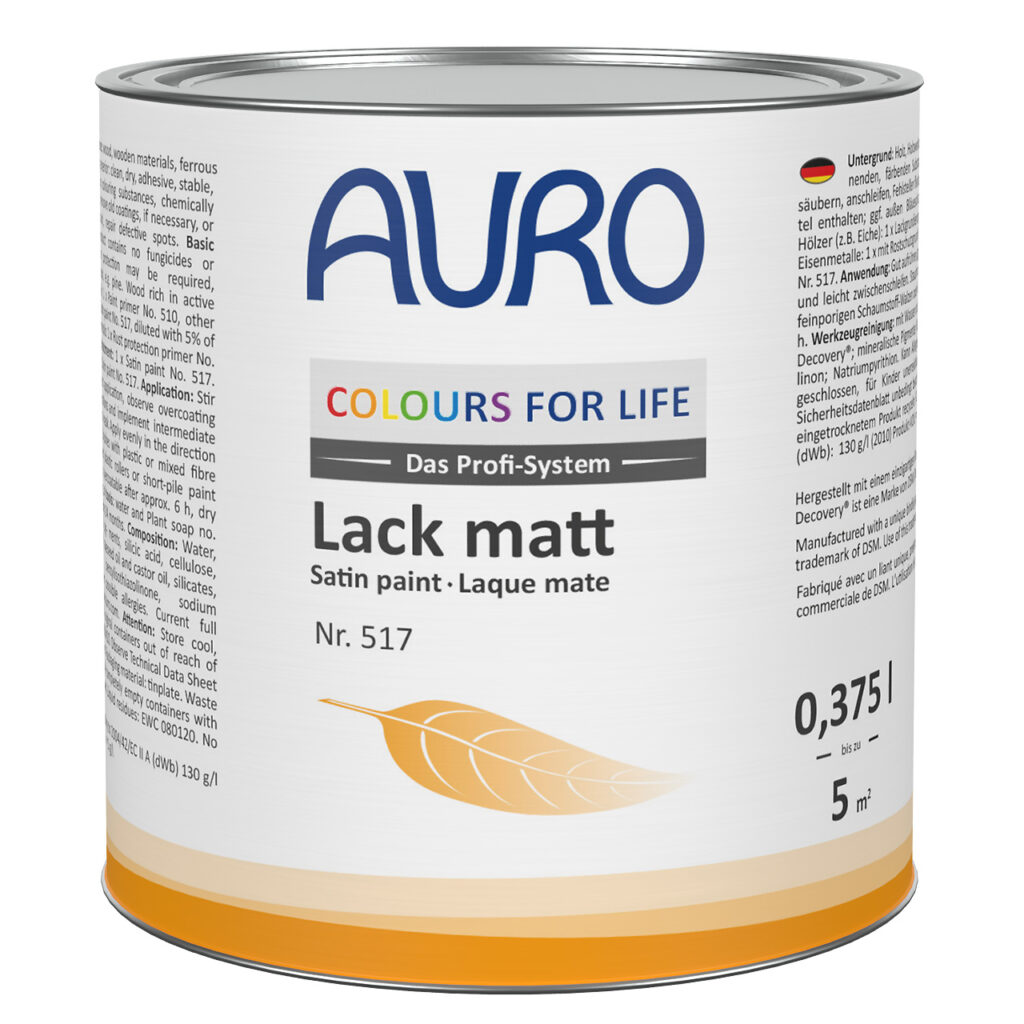 AURO COLOURS FOR LIFE Lack matt Nr. 517, 0,375 Liter Dose AURO COLOURS FOR LIFE Lack, matt Nr. 517 in 0,375 Liter Dose für Holz und Metall, lösemittelfrei und schnelltrocknend