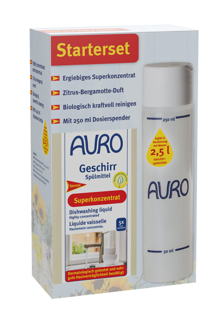 AURO Geschirrspülmittel Nr. 473-01, Starterset mit Dosierflasche AURO Starterset mit Geschirrspülmittel Nr. 473-01 und Dosierflasche – für einfache und sparsame Anwendung beim Spülen.