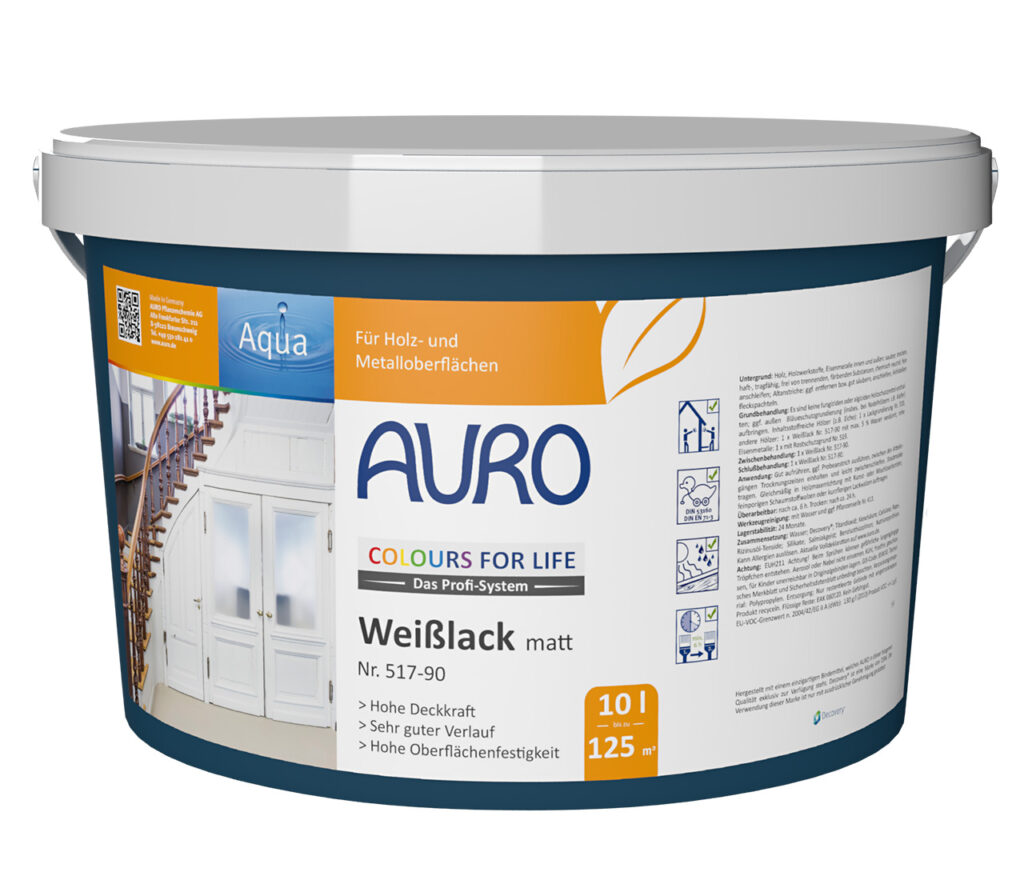 AURO COLOURS FOR LIFE Weißlack Nr. 517-90, Gebinde 10 Liter AURO COLOURS FOR LIFE Weißlack, matt im 10 Liter Gebinde – lösungsmittelfreier Anstrich für große Flächen