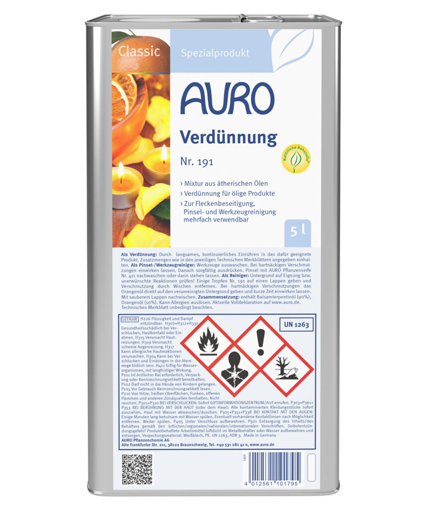 AURO Verdünnung Nr. 191 – Lösungsmittel 5 Liter Kanister AURO Verdünnung Nr. 191 im 5 Liter Kanister – zur Reinigung und Verdünnung ölhaltiger Produkte geeignet.