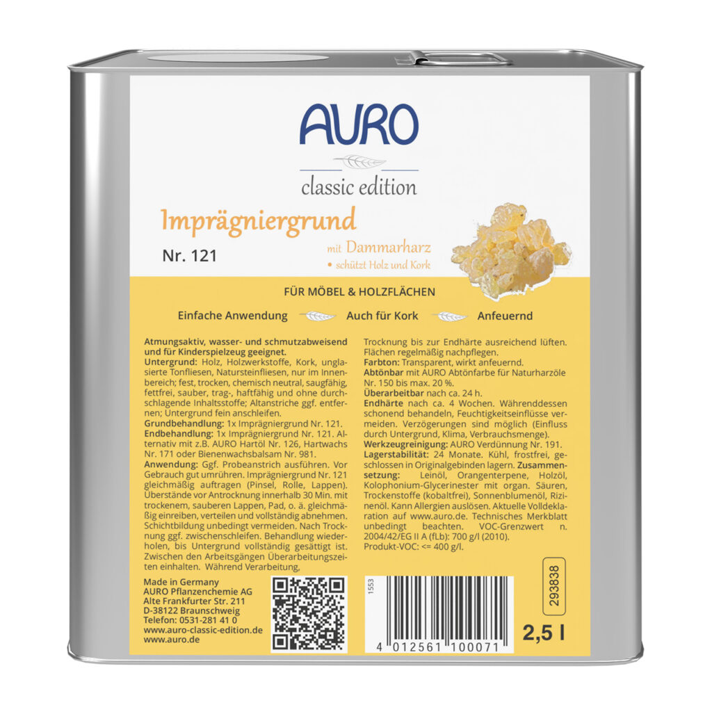 AURO Imprägniergrund Nr. 121 im 2,5 Liter Kanister – Holzschutz für Kork- und Holzoberflächen