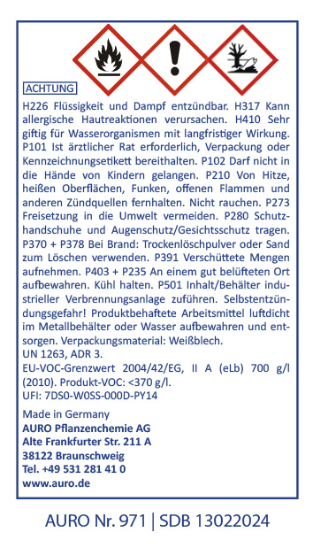 Gefahrenstoff-Symbol Warnhinweis mit Gefahrensymbolen, Sicherheitshinweisen und Firmenkontakt für AURO Produkt Nr. 971. Die Symbole weisen auf Entzündbarkeit, Gesundheitsgefahr und Umweltgefährdung hin. Der Text enthält Hinweise zur Handhabung und Sicherheit.
