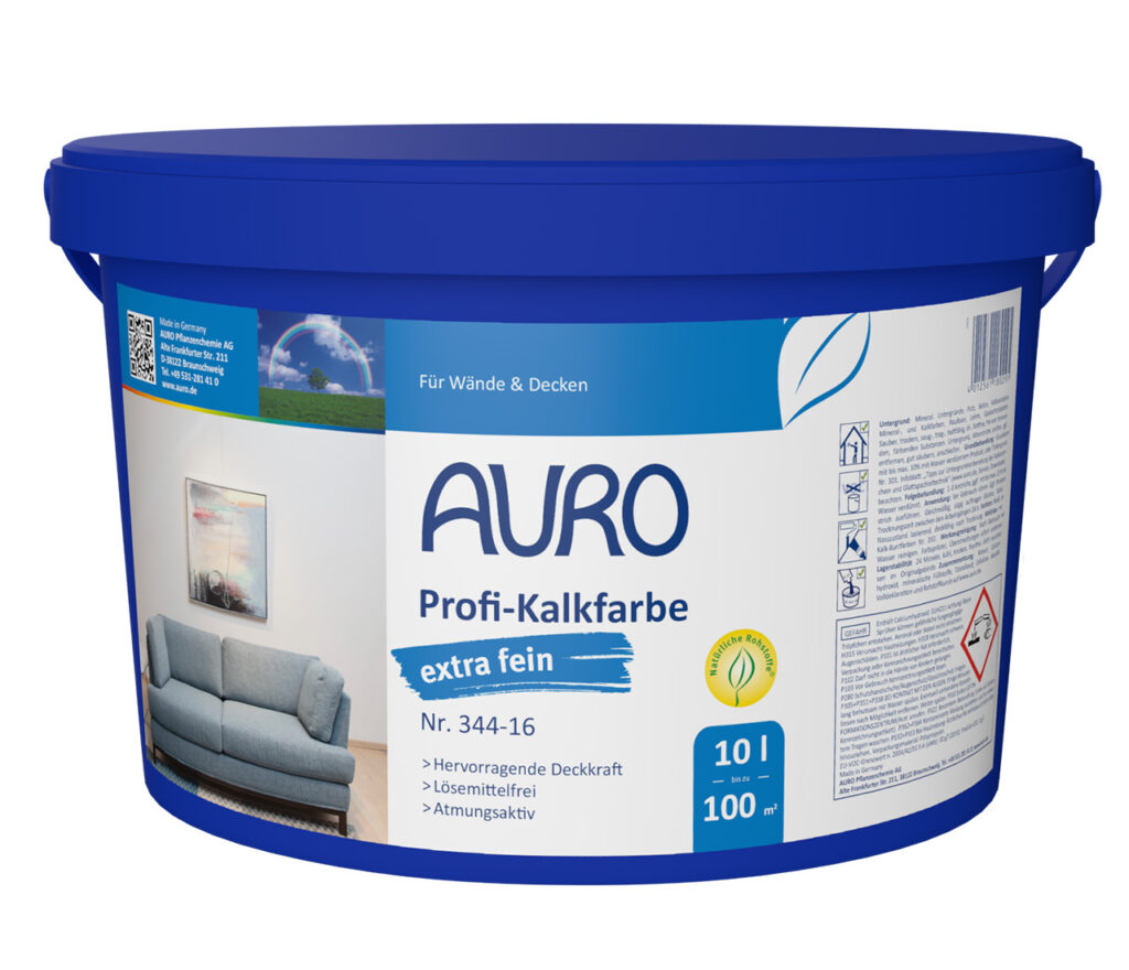 AURO Profi-Kalkfarbe Nr. 344-16 – 10 Liter Gebinde, extra fein, Sumpfkalkbasis AURO Profi-Kalkfarbe, extra fein Nr. 344-16 im 10 Liter Gebinde – hochwertige Sumpfkalkfarbe mit feiner Struktur