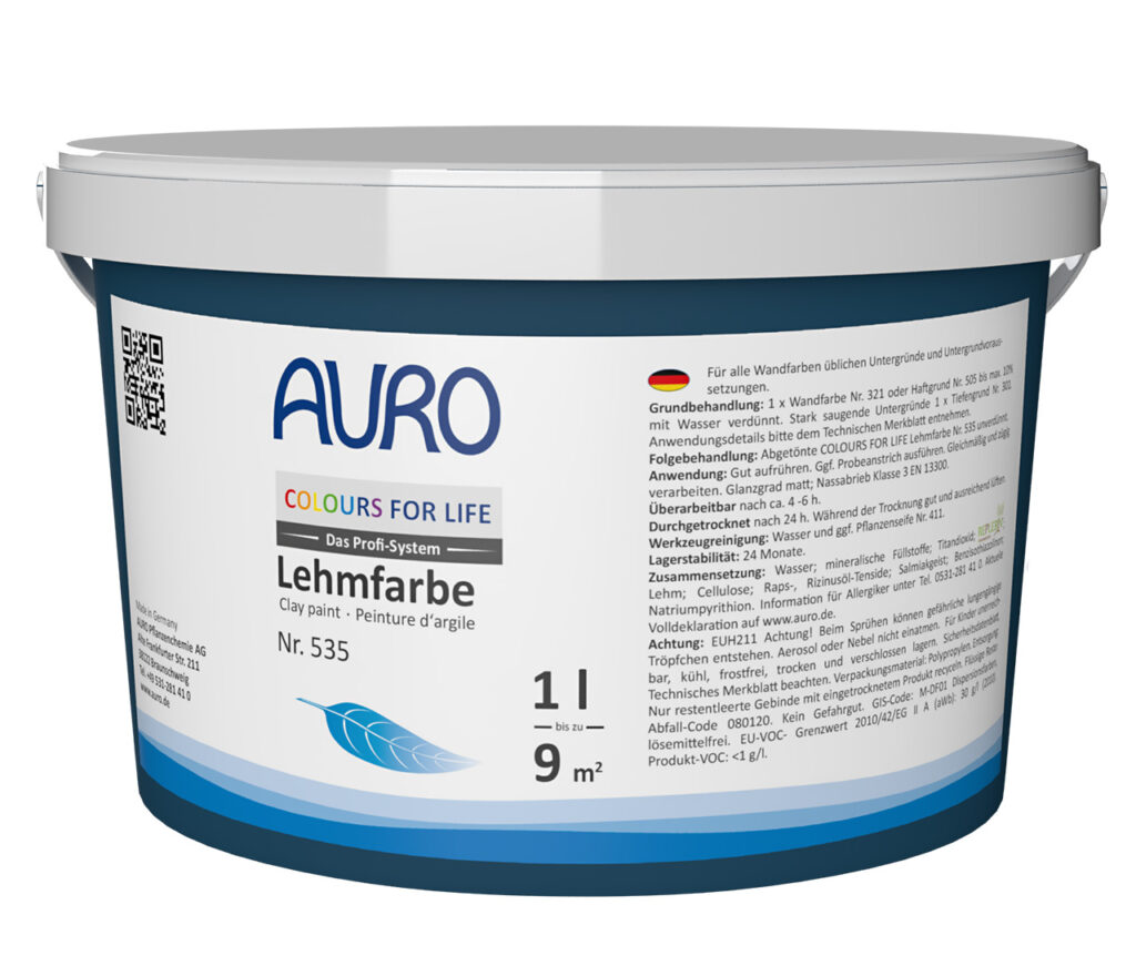AURO COLOURS FOR LIFE Profi-Lehmfarbe Nr. 535 im 1 Liter Gebinde – spritzwasserresistente Innenwandfarbe