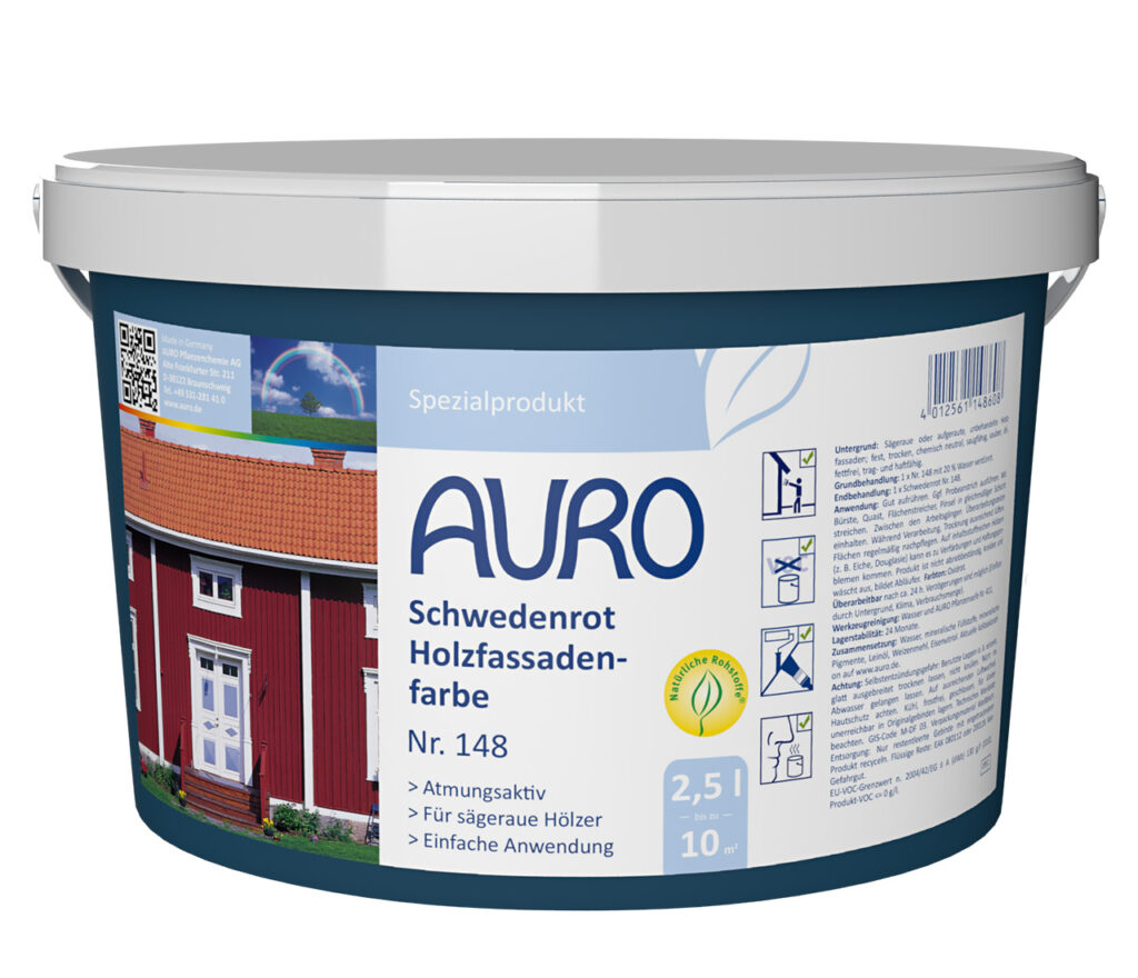 AURO Schwedenrot Holzfassadenfarbe Nr. 148 – 2,5 Liter Dose für Holzfassaden AURO Schwedenrot Holzfassadenfarbe Nr. 148 in 2,5 Liter Dose – oxidrote Farbe für sägeraue Holzfassaden