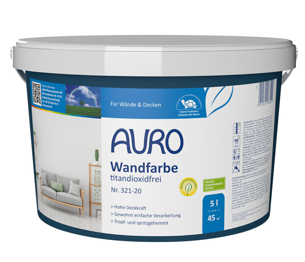 AURO Wandfarbe, titandioxidfrei Nr. 321-20 – 5 Liter Gebinde, matt-weiß, waschbeständig AURO Wandfarbe, titandioxidfrei Nr. 321-20 im 5 Liter Gebinde – konservierungsmittelfrei und tropfarm mit hervorragender Deckkraft.
