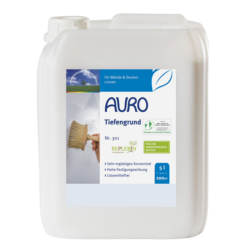 AURO Tiefengrund Nr. 301 – 5 Liter Kanister mit REPLEBIN® für Putzflächen AURO Tiefengrund Nr. 301 im 5 Liter Kanister – ideal für Gipskarton und mineralische Putze