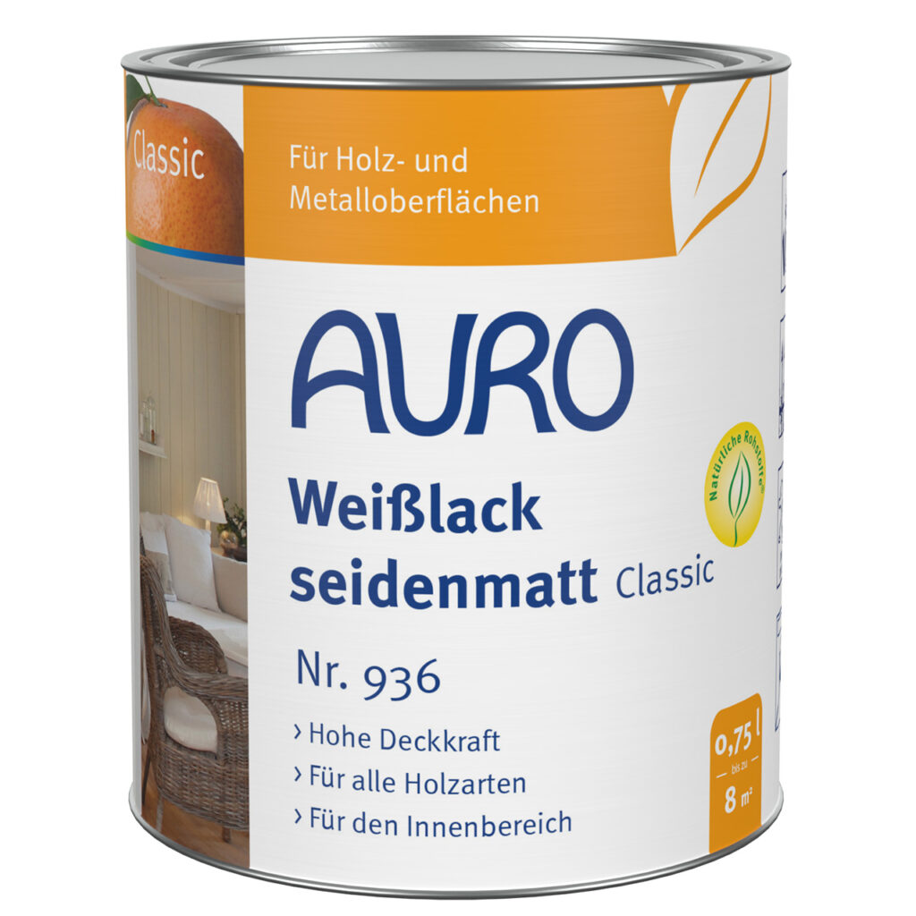 AURO Weißlack, Classic Nr. 936, seidenmatt, Dose 0,75 Liter AURO Weißlack, Classic Nr. 936 in seidenmatt als 0,75 Liter Dose – für Holz und Metall im Innenbereich geeignet