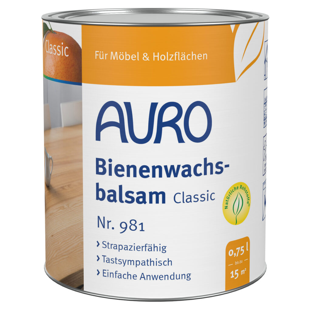 AURO Bienenwachsbalsam Nr. 981 – 0,75 Liter Dose für Holzpflege AURO Bienenwachsbalsam Nr. 981 in 0,75 Liter Dose für seidenmatte, honiggetönte Holzoberflächen im Innenbereich