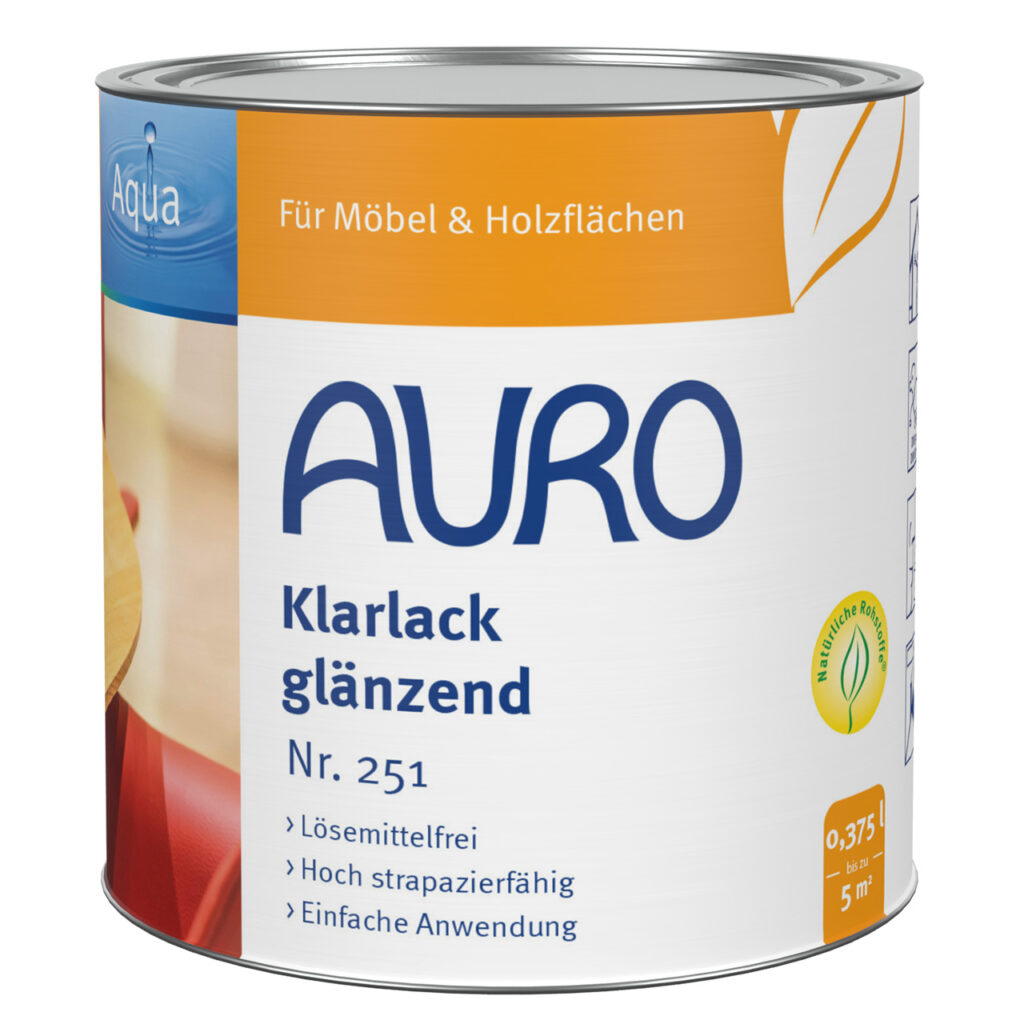 AURO Klarlack, glänzend Nr. 251 – 0,375 Liter Dose Holzlack glänzend AURO Klarlack, glänzend Nr. 251 in 0,375 Liter Dose – lösemittelfreier Holzlack für Innenbereiche