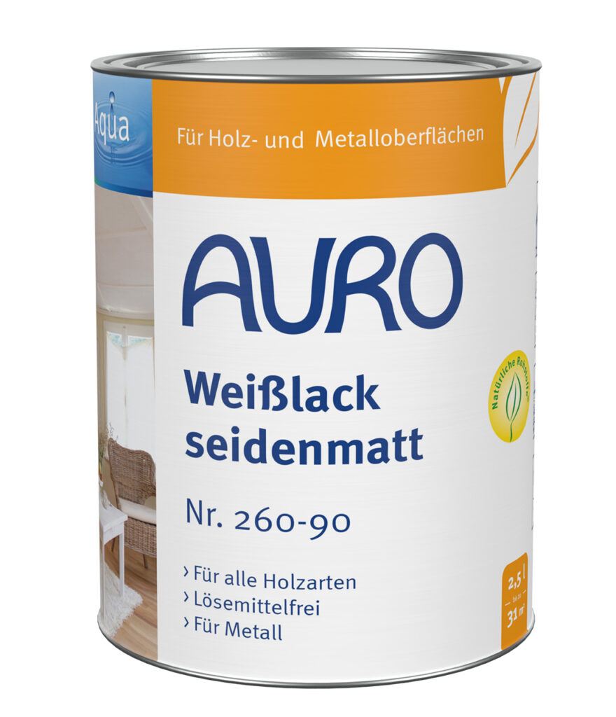 AURO Weißlack seidenmatt Nr. 260-90 – 2,5 Liter Dose Innenlack lösemittelfrei AURO Weißlack, seidenmatt, Aqua Nr. 260-90 in 2,5 Liter Dose – lösungsmittelfrei, für große Flächen im Innenbereich