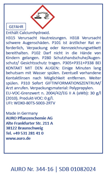 Gefahrenstoff-Symbol Deutsches Produktetikett mit rotem Gefahrensymbol, Sicherheitshinweisen, Erste-Hilfe-Informationen, Produktcodes, Herstellerangaben (AURO Pflanzenchemie AG) und Kontaktinformationen. Der Text weist auf Risiken bei Haut- oder Augenkontakt hin.
