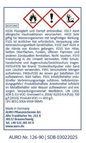 Ein Warnhinweis in deutscher Sprache mit Gefahrensymbolen weist darauf hin, dass das Produkt entzündbar ist, Hautallergien verursacht und für Wasserorganismen giftig ist, und enthält ausführliche Sicherheitshinweise und Kontaktinformationen des Unternehme