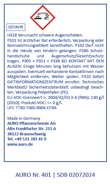 Gefahrenstoff-Symbol Ein deutsches Sicherheitsetikett für den AURO-Anlagenchemiereiniger warnt vor schweren Augenschäden, empfiehlt Schutzkleidung und listet Notfallmaßnahmen auf. Es enthält Gefahrensymbole, Kontaktdaten und Konformitätsinformationen.