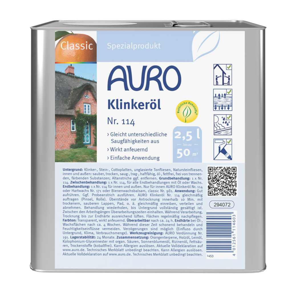 AURO Klinkeröl Nr. 114 im 2,5 Liter Kanister – Öl zur Pflege von Cotto, Klinker und Naturstein