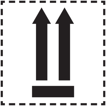 Symbol „Diese Seite nach oben“ – Verpackungskennzeichnung mit Pfeilen Ein schwarzes Symbol mit zwei vertikalen Pfeilen, die nach oben zeigen, über einem horizontalen Balken, umgeben von einem gestrichelten quadratischen Rahmen, das „Diese Seite nach oben“ als Ausrichtung für die Verpackung angibt.