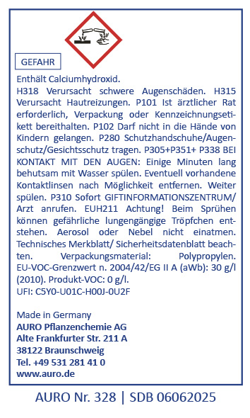 Gefahrenstoff-Symbol  Ein deutsches Sicherheitskennzeichen für Calciumhydroxid. Es enthält ein rotes Gefahrensymbol, Warnhinweise vor Haut- und Augenreizungen, Erste-Hilfe-Anweisungen, Herstellerangaben und Notrufnummern.