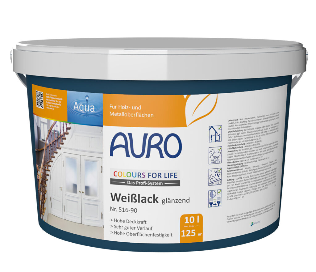 AURO COLOURS FOR LIFE Weißlack glänzend Nr. 516-90 im 10 Liter Gebinde, schnelltrocknend und DIN-zertifiziert