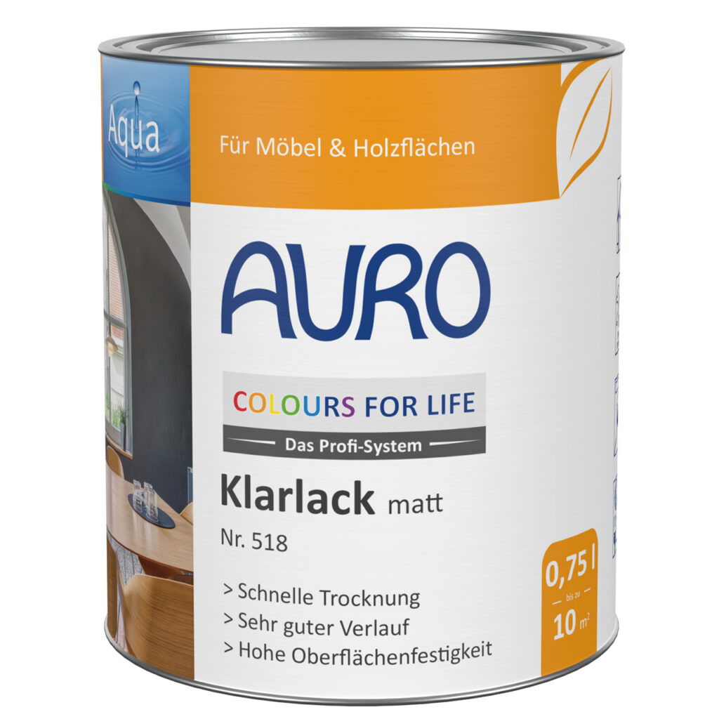 AURO COLOURS FOR LIFE Klarlack, matt Nr. 518 als 0,75 Liter Dose für Innenholz mit hoher Abriebbeständigkeit