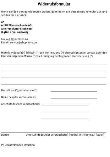 Widerrufsformular Deutschland – Vorlage zum Ausdrucken und Ausfüllen Ein deutsches Widerrufsformular mit Feldern für Empfängeradresse, Bestelldetails und Kundenunterschrift, formatiert für den Druck und das manuelle Ausfüllen.