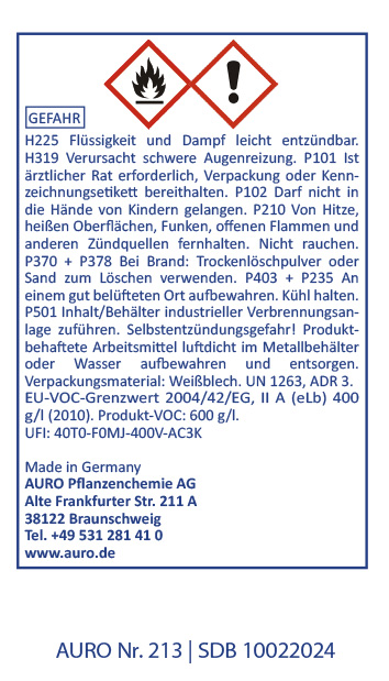 Gefahrenstoff-Symbol Ein deutsches Produktetikett mit Gefahrensymbolen für entzündbare Flüssigkeiten und Gesundheitsrisiken. Enthält Sicherheitshinweise, Gefahrencodes, Herstellerinformationen und Kontaktdaten der AURO Pflanzenchemie AG, Braunschweig.