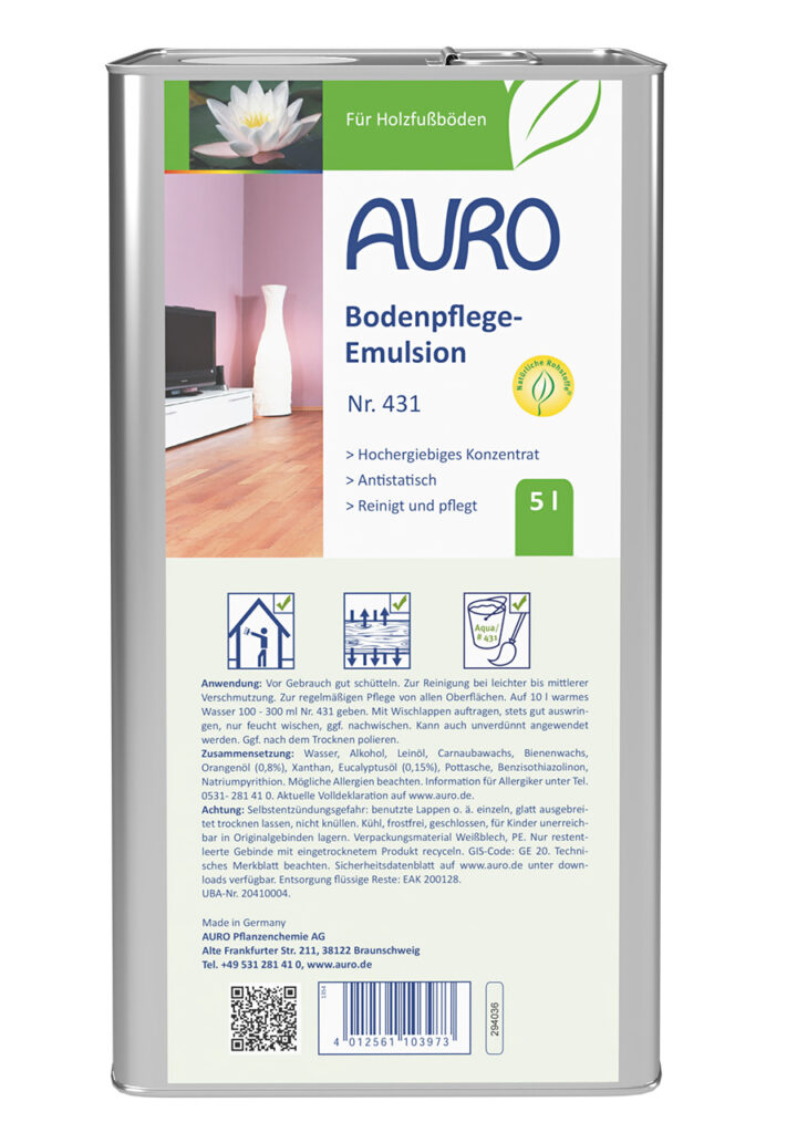 AURO Bodenpflege-Emulsion Nr. 431 für Holzpflege, Kanister 5 Liter AURO Bodenpflege-Emulsion Nr. 431 im 5 Liter Kanister zur Pflege geölter oder gewachster Fußböden