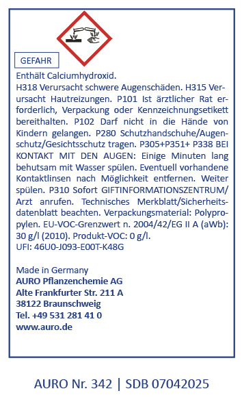 Gefahrenstoff-Symbol Ein deutsches Etikett für ein chemisches Produkt mit einem Gefahrensymbol und Warnhinweisen zu Calciumhydroxid. Das Etikett enthält Sicherheitshinweise, Herstellerangaben (AURO) und Kontaktinformationen. Der Text ist blau und rot und das Gefahrenpiktogram