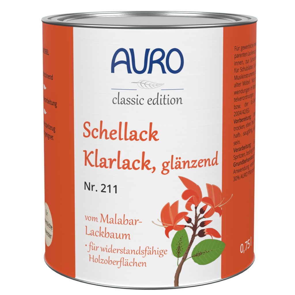 AURO Schellack-Klarlack, glänzend Nr. 211 – 0,75 Liter Dose für Holzmöbel AURO Schellack-Klarlack, glänzend in 0,75 Liter Dose – hochwertiger Lack für Holzmöbel, Instrumente und Restaurierungen