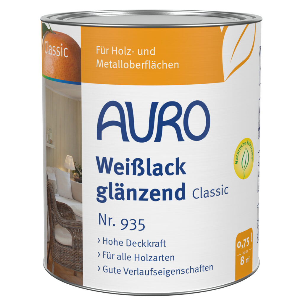 AURO Weißlack, Classic Nr. 935 glänzend Dose 0,75 Liter für Holz & Metall AURO Weißlack, Classic Nr. 935 in 0,75 Liter Dose, glänzend für Holz und Metall, für innen und außen geeignet
