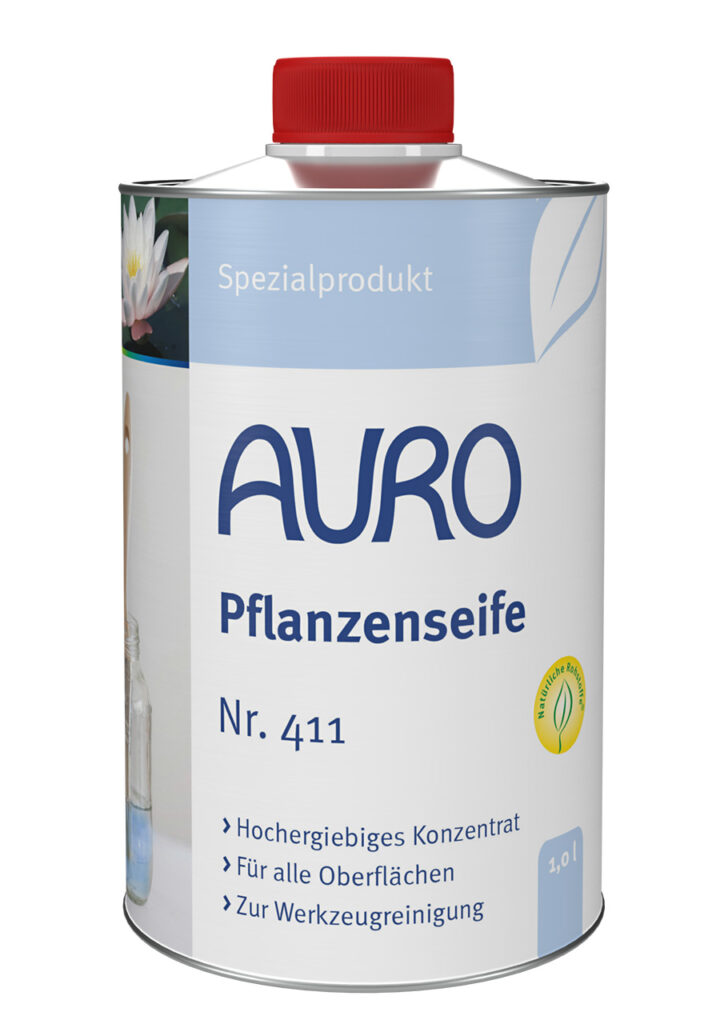 AURO Pflanzenseife Nr. 411 für Pinselreinigung, Gebinde 1 Liter AURO Pflanzenseife Nr. 411 in 1 Liter Blechflasche zum Reinigen von Malerwerkzeugen nach Aqua-Produkten