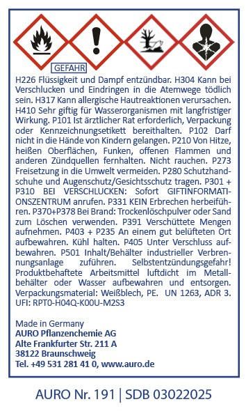 Gefahrenstoff-Symbol Ein Sicherheitsetikett für Chemikalien von AURO Pflanzenchemie mit Gefahrensymbolen und Warnhinweisen in deutscher Sprache, das Risiken wie Entzündlichkeit, Haut- und Augenreizung sowie Vorsichtsmaßnahmen bei der Handhabung beschreibt und unten Kontakt- u