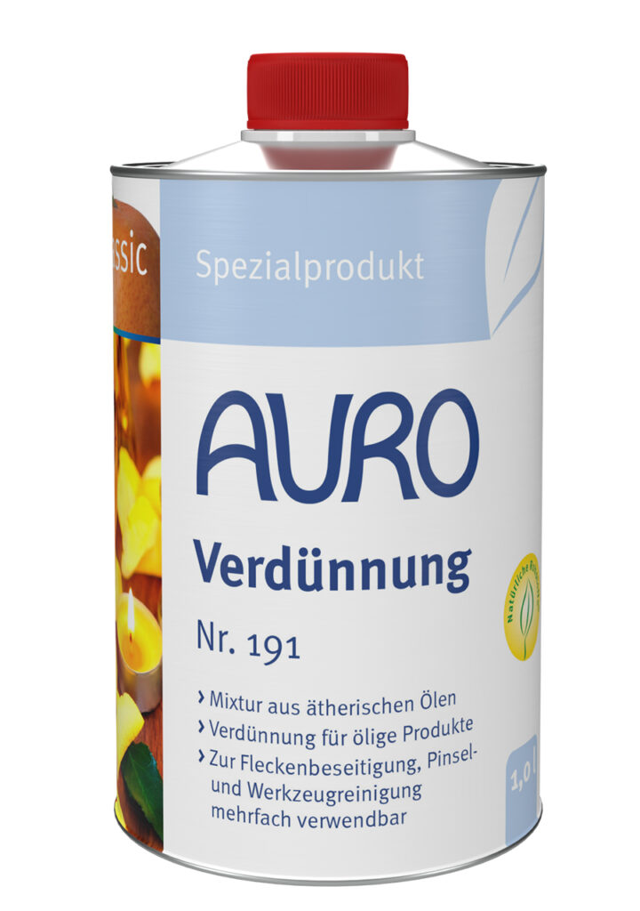 AURO Verdünnung Nr. 191 – Lösungsmittel 1 Liter Blechflasche AURO Verdünnung Nr. 191 in 1 Liter Blechflasche – gebrauchsfertige Mischung aus Balsamterpentinöl und Orangenöl.