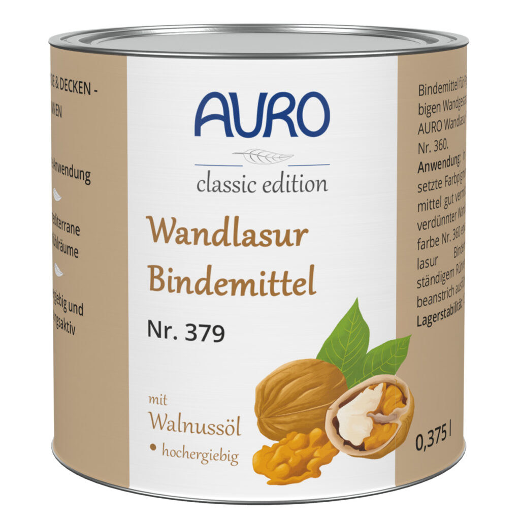 AURO Wandlasur-Bindemittel Nr. 379 Dose 0,375 Liter für Wandlasuren AURO Wandlasur-Bindemittel Nr. 379 in 0,375 Liter Dose zur Herstellung und Verdünnung von Wandlasuren.