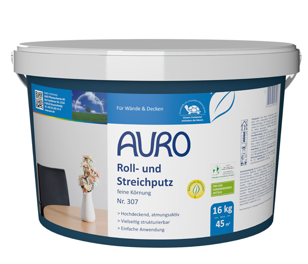 AURO Roll- und Streichputz Nr. 307 – 16 kg Gebinde feine Körnung AURO Roll- und Streichputz Nr. 307 als 16 kg Gebinde – konservierungsmittelfreier Putz mit feiner Körnung für kreative Wandgestaltung