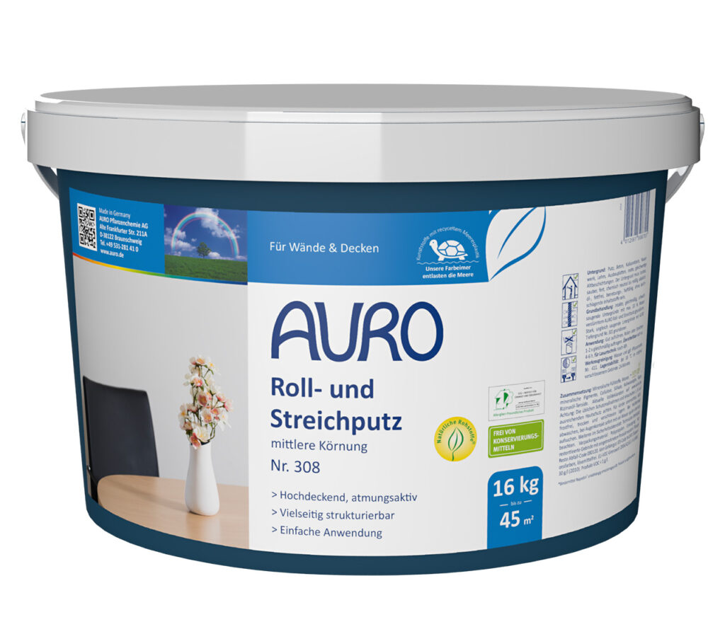 AURO Roll- und Streichputz Nr. 308 – 16 kg Gebinde für kreative Wandstruktur AURO Roll- und Streichputz Nr. 308 im 16 kg Gebinde – matt-weißer Putz mit mittlerer Körnung für kreative Wandgestaltung