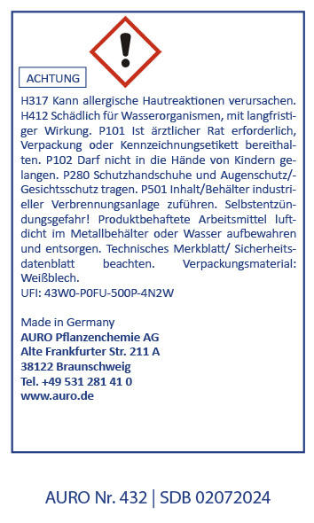 Gefahrenstoff-Symbol Ein deutsches Sicherheitsetikett mit Gefahrensymbol warnt vor Hautallergien und Umweltschäden. Detaillierte Anweisungen und Kontaktinformationen der AURO Pflanzenchemie AG, einschließlich Adresse, Telefonnummer und Produktdetails, werden angezeigt.