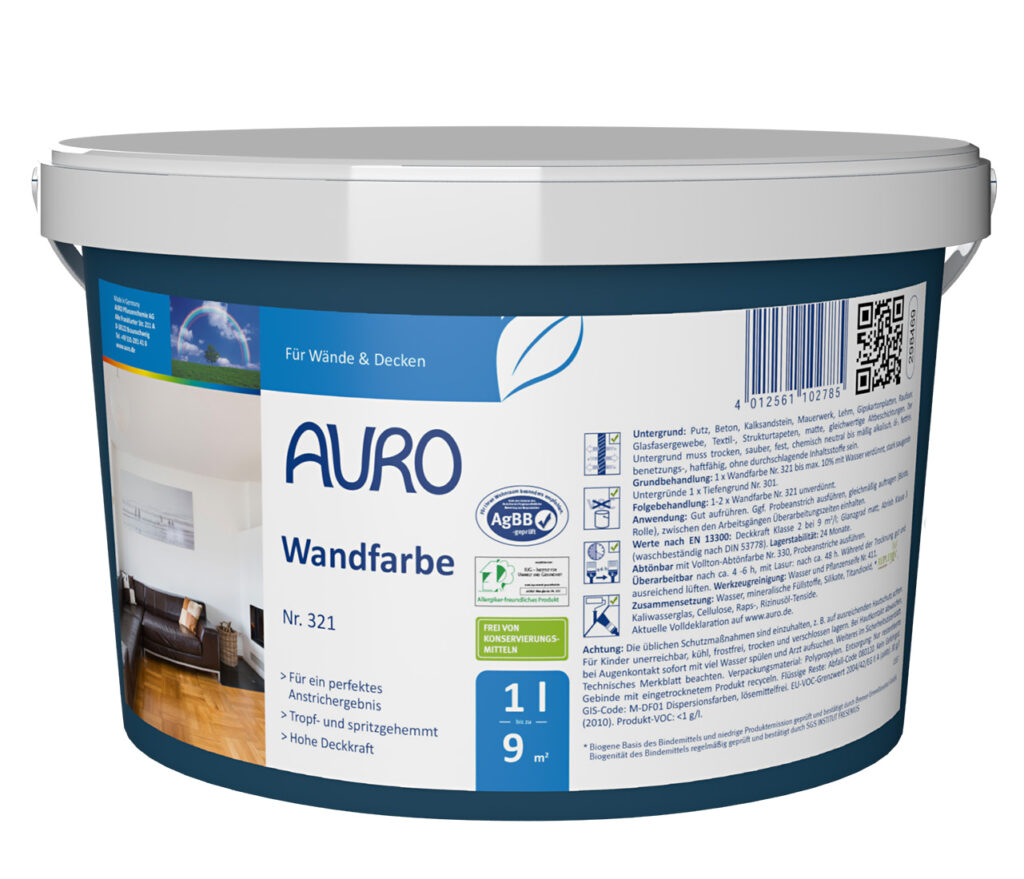 AURO Wandfarbe Nr. 321 – 1 Liter Dose weiße Innenfarbe mit REPLEBIN® AURO Wandfarbe Nr. 321 in 1 Liter Dose – konservierungsmittelfrei, matt-weiß, mit sehr guter Deckkraft