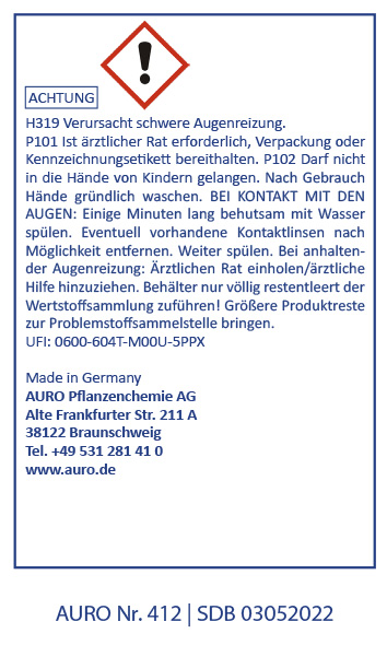 Gefahrenstoff-Symbol Sicherheitshinweis in deutscher Sprache für AURO Produkt 412 mit Hinweisen auf Augenreizung, Kinderschutz und Augenkontakt. Herstellerangaben und Notrufnummern sind aufgeführt.