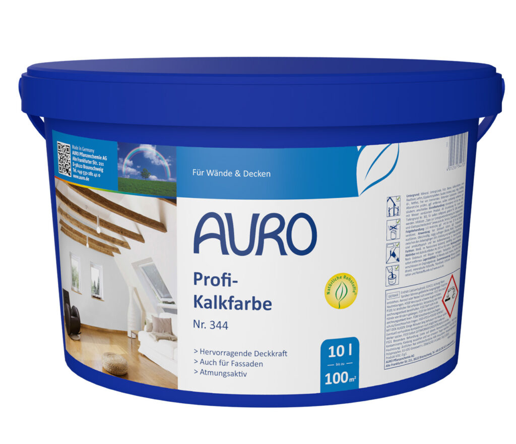 AURO Profi-Kalkfarbe Nr. 344 – 10 Liter Gebinde mineralische Profiqualität AURO Profi-Kalkfarbe Nr. 344, 10 Liter Gebinde – geruchsabsorbierende Sumpfkalkfarbe mit starker Haftung auf Raufaser und Lehm
