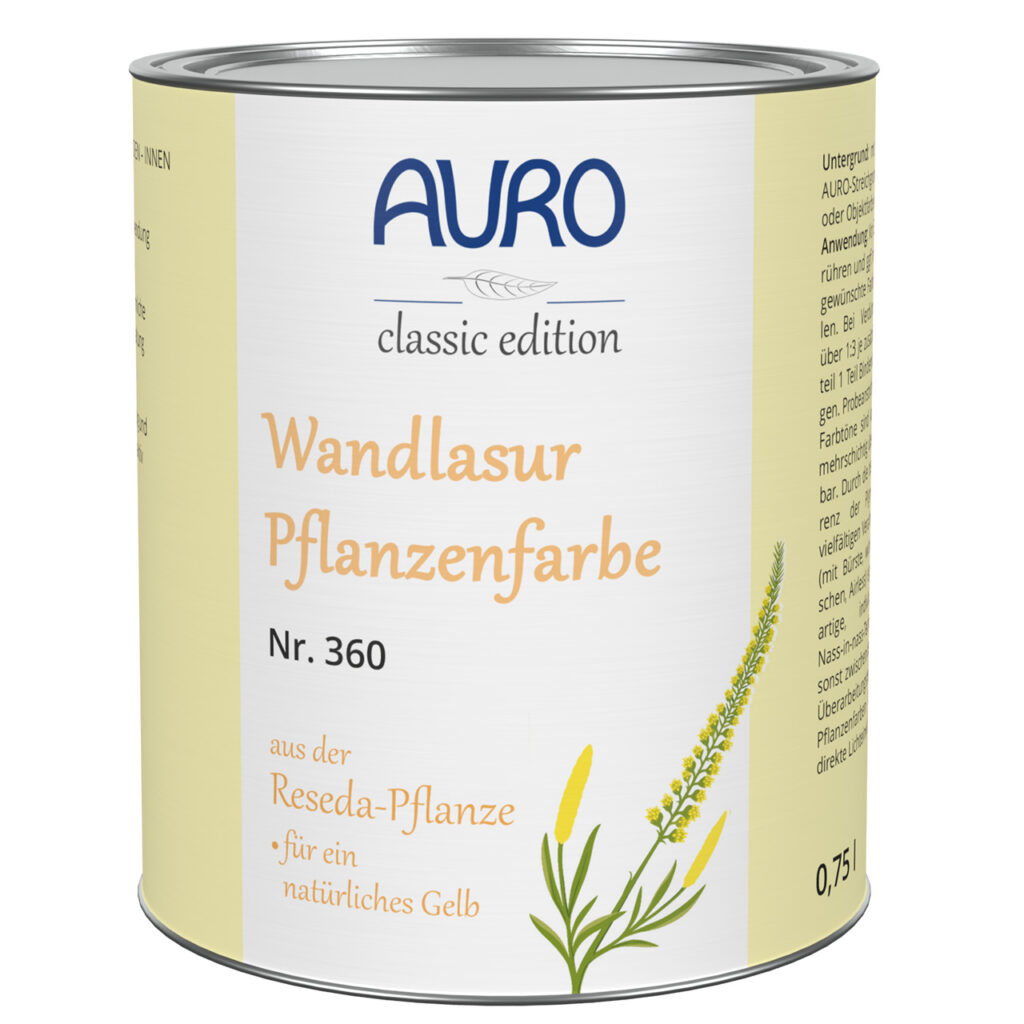 AURO Wandlasur-Pflanzenfarbe Nr. 360 Reseda-Gelb 0,75 L Dose AURO Wandlasur-Pflanzenfarbe Nr. 360 in Reseda-Gelb, 0,75 Liter Dose – sanfte Pflanzenlasur für individuelle Wände