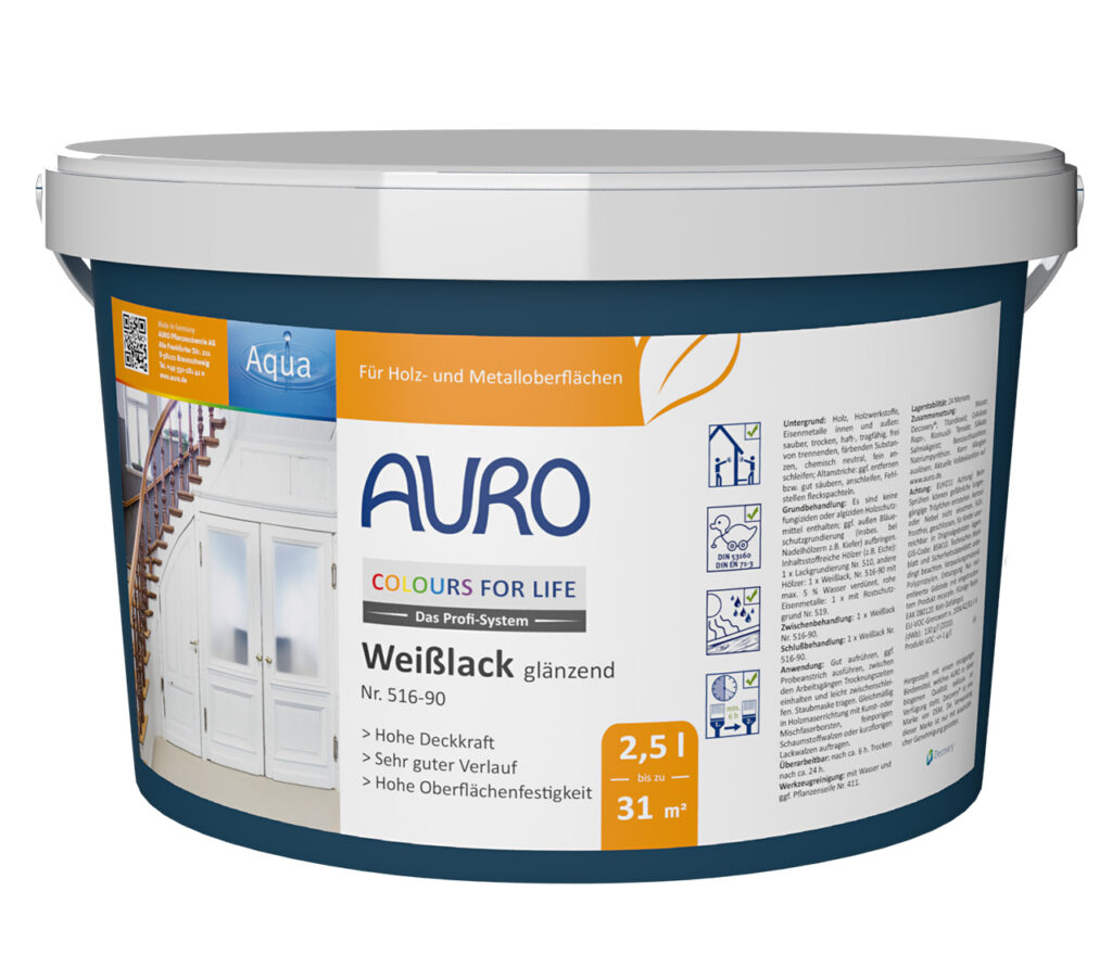 AURO Weißlack glänzend Nr. 516-90 für Innen & Außen, 2,5 Liter Gebinde AURO COLOURS FOR LIFE Weißlack glänzend Nr. 516-90 im 2,5 Liter Gebinde für Holzwerkstoffe und Metall