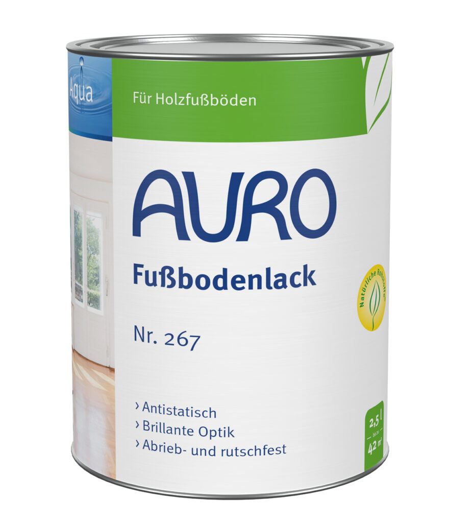 AURO Fußbodenlack Nr. 267 – 2,5 Liter Dose, transparent & abriebfest AURO Fußbodenlack Nr. 267 in 2,5 Liter Dose für lösemittelfreien, rutschfesten Holzschutz