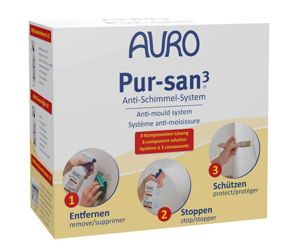 AURO Pur-san3 Nr. 414 Schimmelschutz-Set im Gebinde mit 1 Liter Farbe AURO Pur-san3 Nr. 414 im Set mit Schimmel-Entferner, Schimmel-Stop und ein Liter Anti-Schimmel-Farbe im praktischen Gebinde