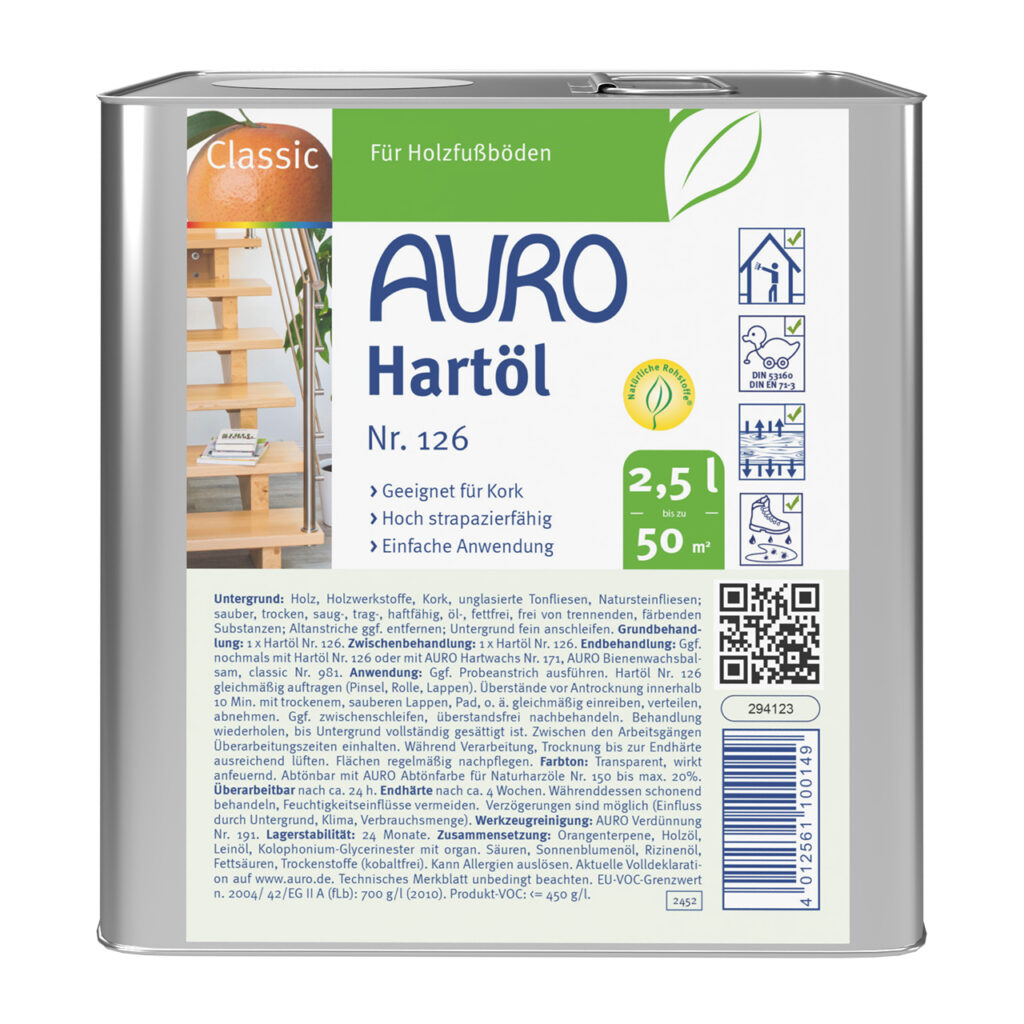 AURO Hartöl Nr. 126 – Holzpflegeöl 2,5 Liter Kanister für innen AURO Hartöl Nr. 126 in 2,5 Liter Kanister – Öl zur Grundierung oder Endbehandlung im Innenraum